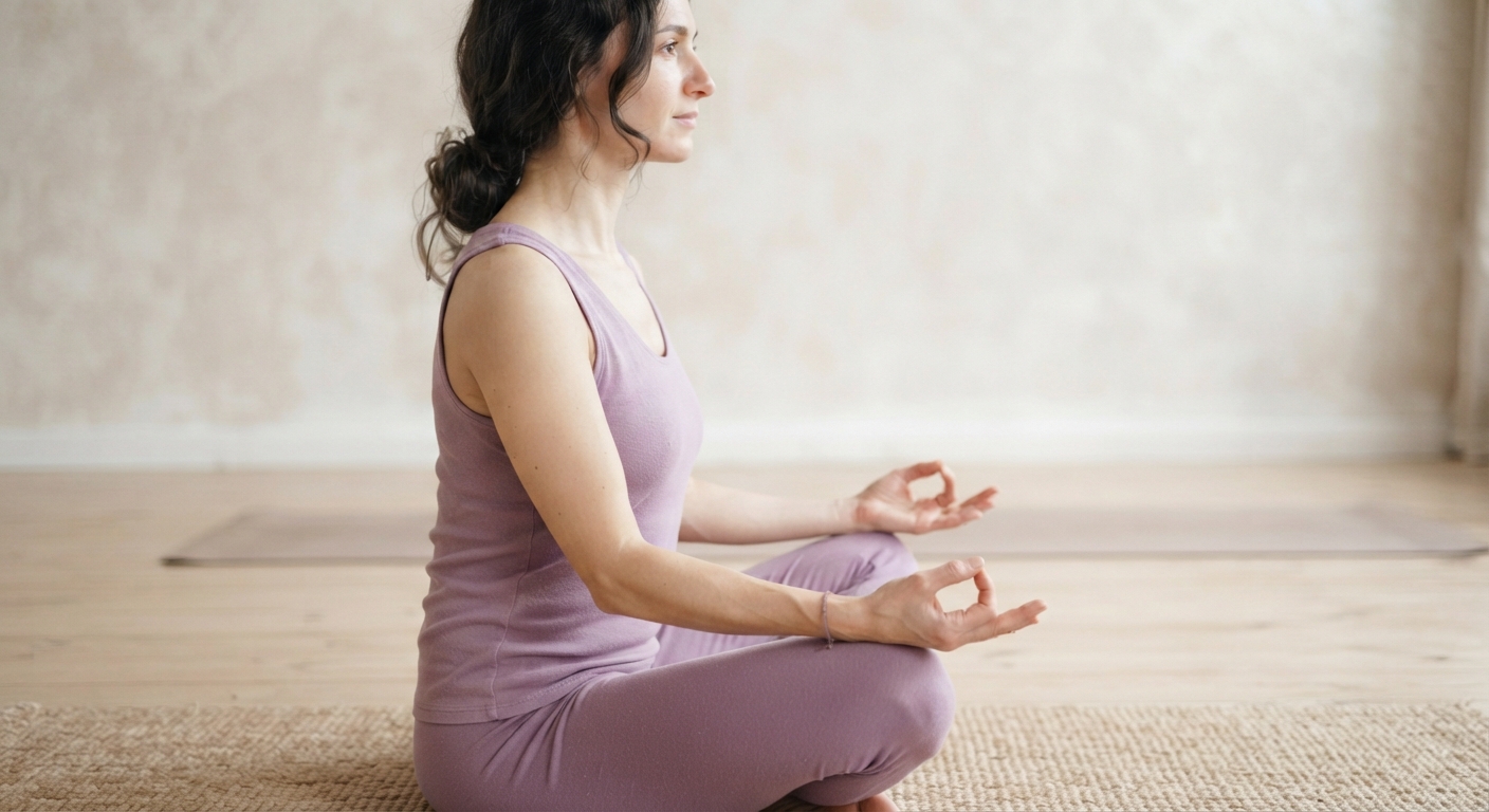 Woman in lavender yoga clothes seated cross-legged in meditation on a beige carpet.