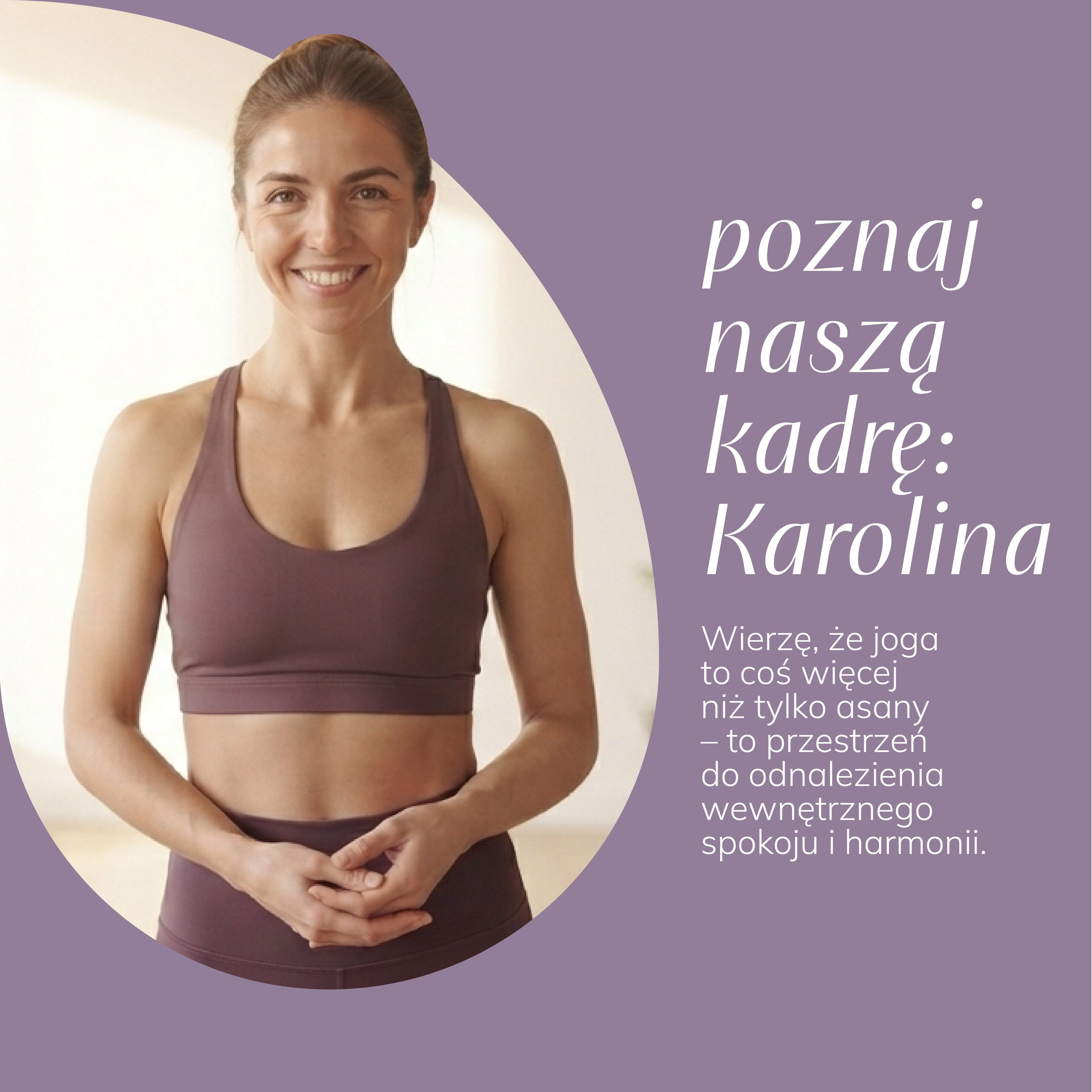 Mirrored mauve poster featuring a smiling woman in a sleeveless top beside large white text.