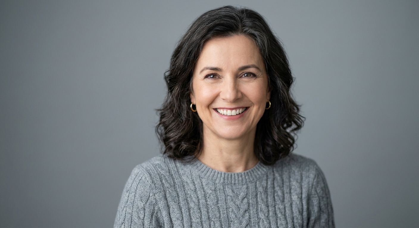 Smiling woman with wavy dark hair and gold hoop earrings wearing a gray cable-knit sweater against a gray background.