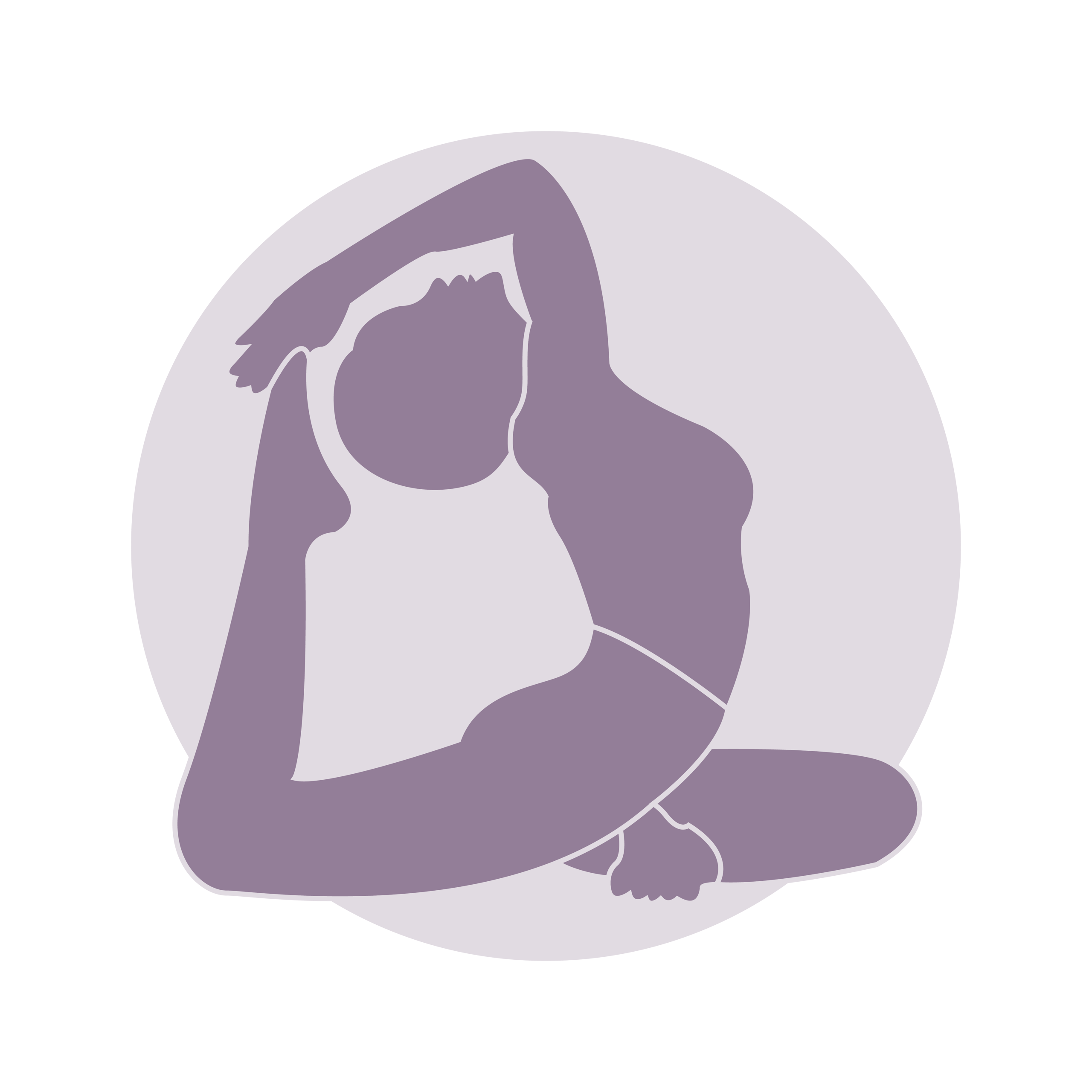 Abstract purple and lavender layered silhouette resembling a flowing-maned animal on a white background.