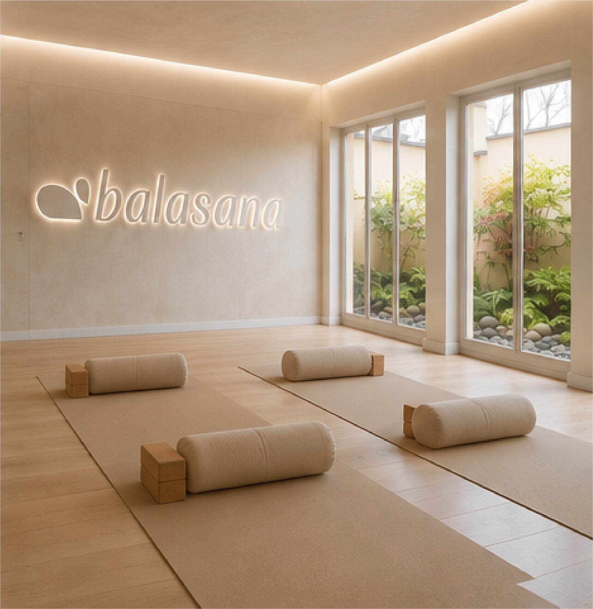 Minimalist yoga studio with four beige mats, bolsters, glowing “balasana” sign, and courtyard windows.