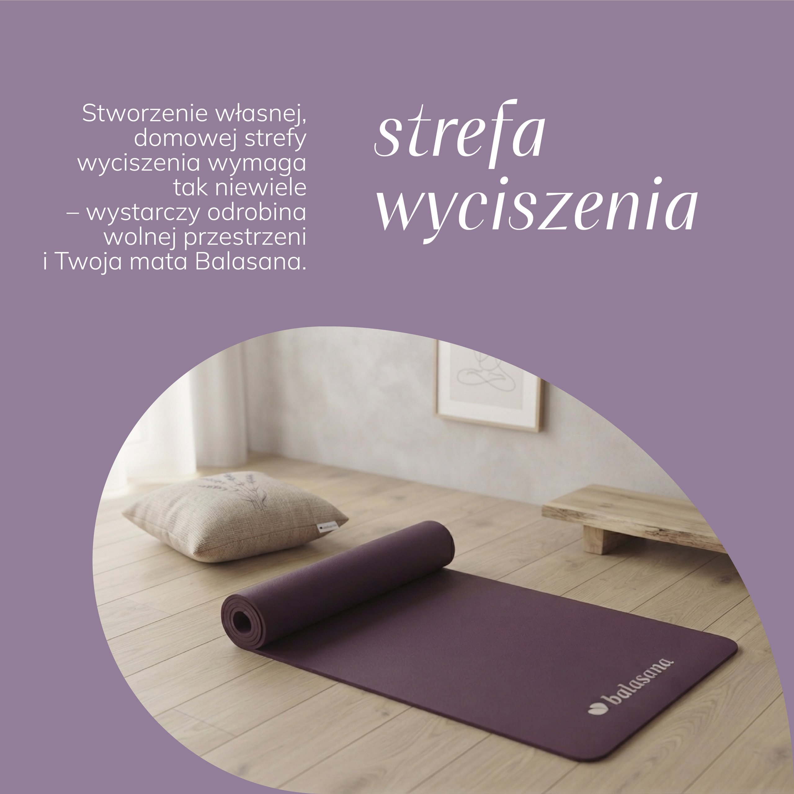 Lavender banner with Polish white text and a photo of rolled purple mats on a wooden floor.