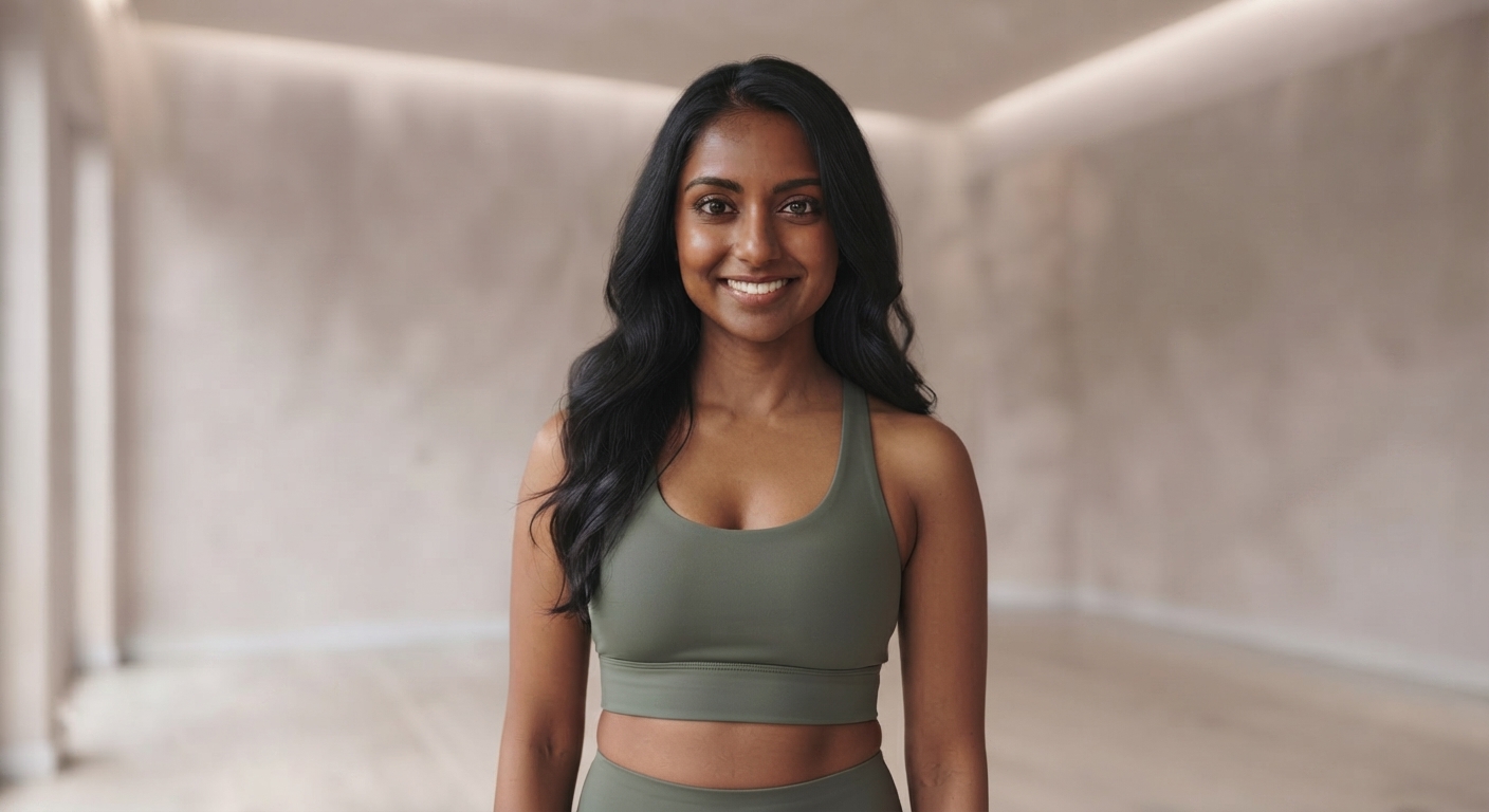 Smiling woman in an olive athletic outfit standing in a softly lit minimalist room.