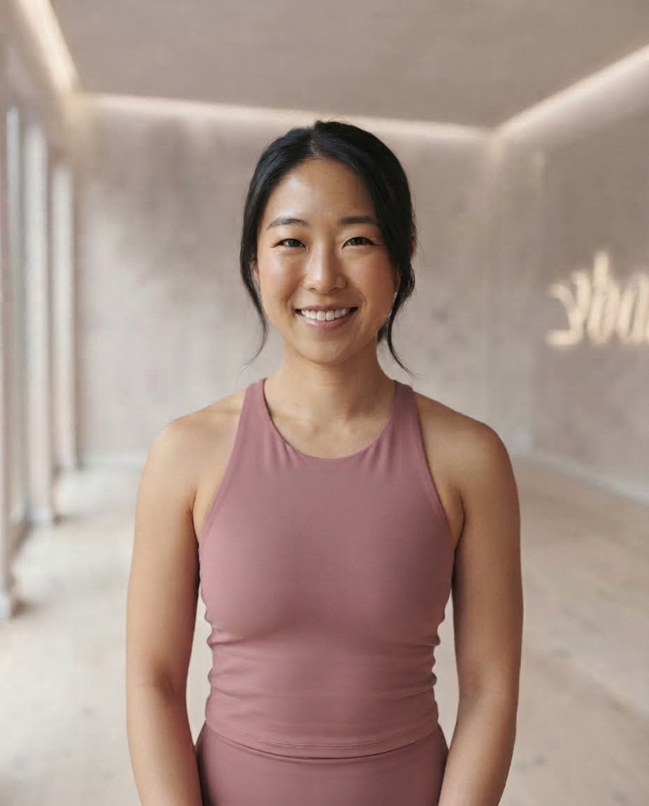 Smiling woman in a mauve athletic outfit standing in a softly lit minimalist indoor studio.
