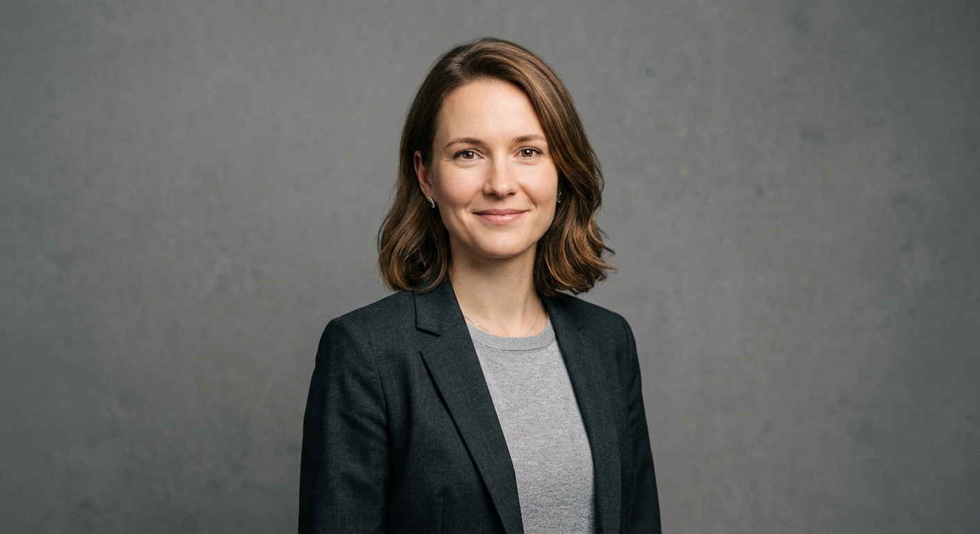 Professional head-and-shoulders portrait of a smiling woman in a dark blazer against a gray background.