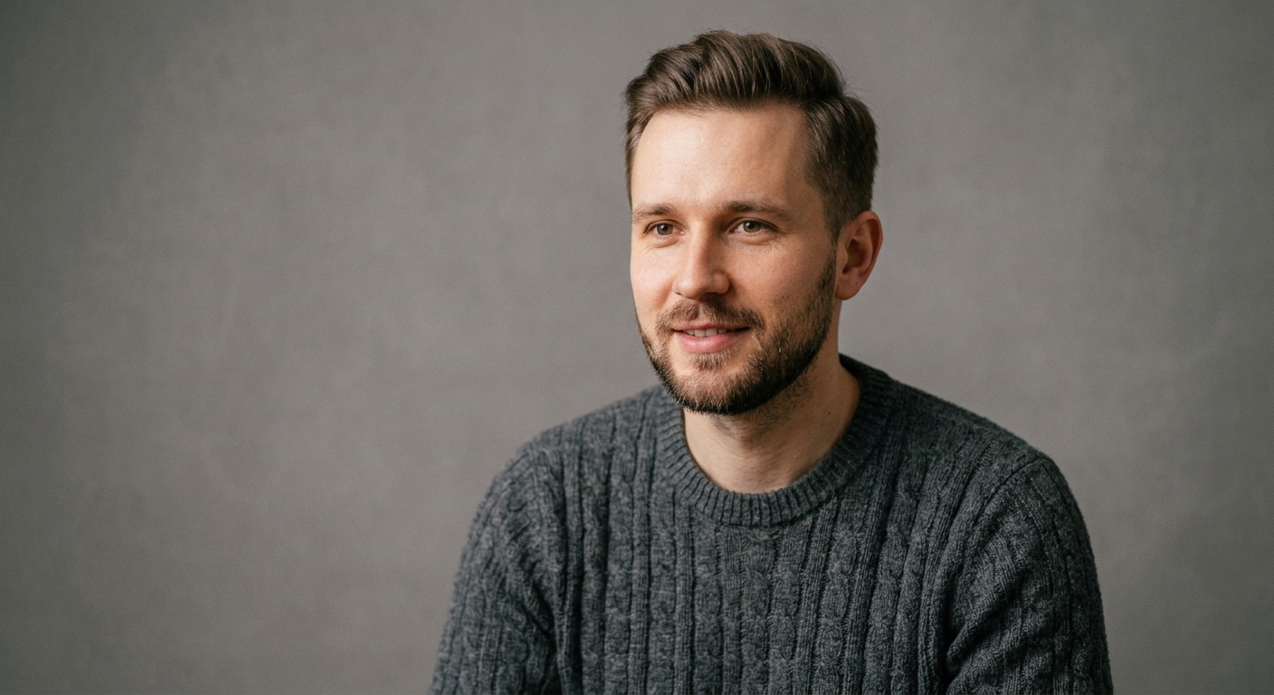 Man with swept-back brown hair and a short beard wearing a dark cable-knit sweater against a gray background.